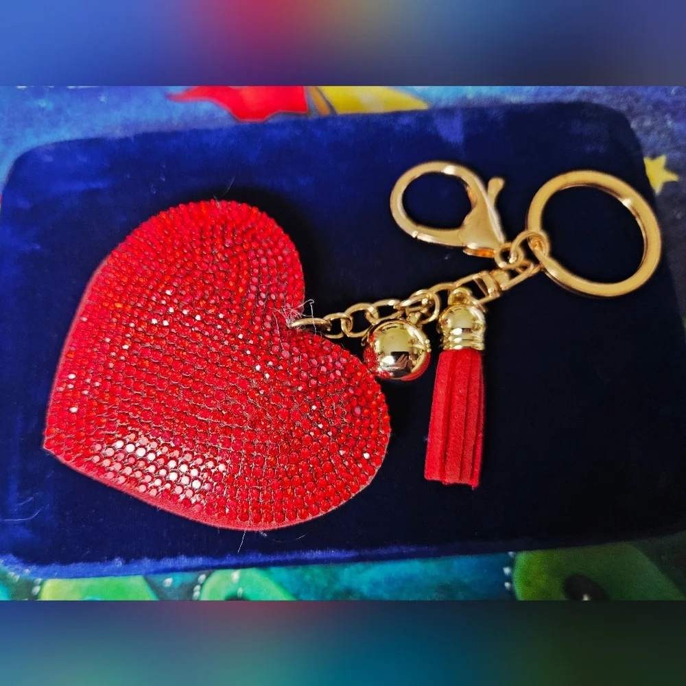 Red Rhinestone Bling Heart Keychain Purse Charm with Tassel & Gold Ball -16